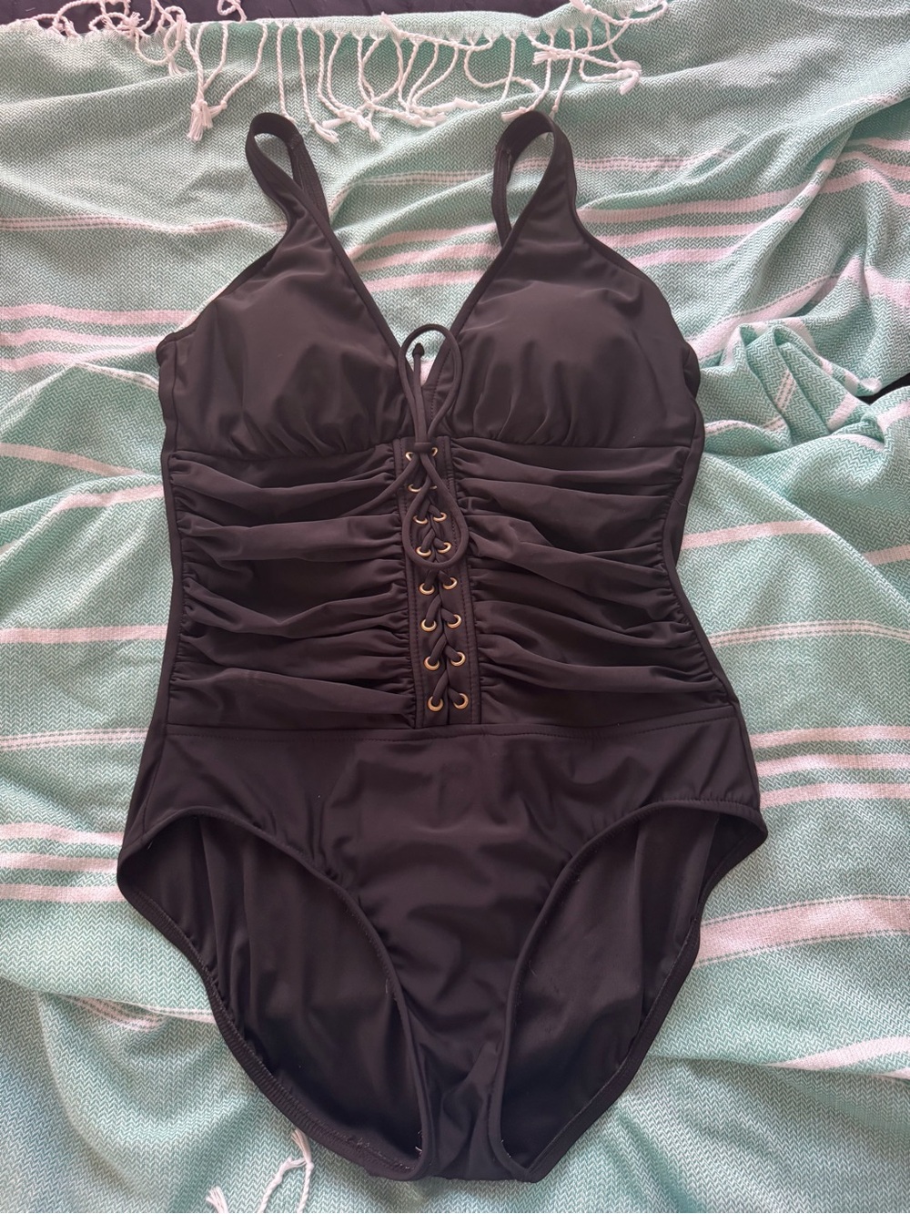 Source Unknown Black Lace-Up Ruched One-Piece Swimsuit